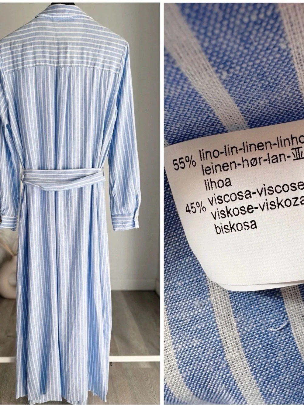 Zara Linen Blend Midi Shirt Dress Blue White Stripe Belted XS - Picture 2 of 8